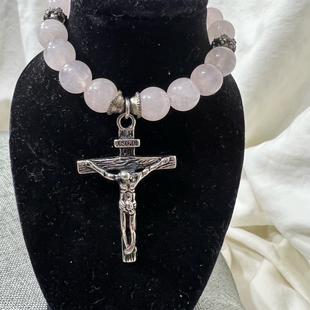 Rosary" Bracelet Rose Quartz Stone with Cross Stainless Steel Silver ☑️ - Picture 7 of 14